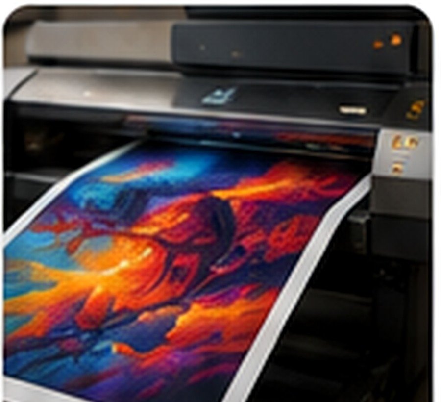 A professional wide-format printer producing a vibrant fine-art print