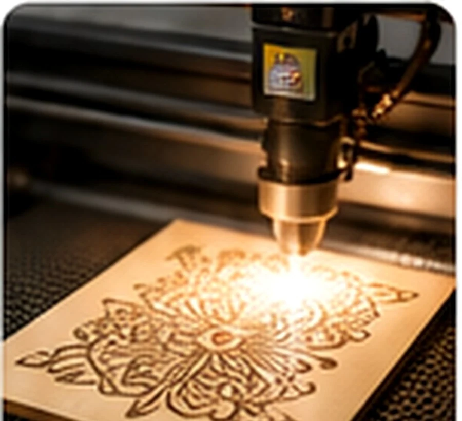 Laser engraving a detailed wooden design in a maker workshop