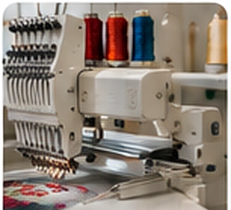An embroidery machine stitching colourful thread into fabric